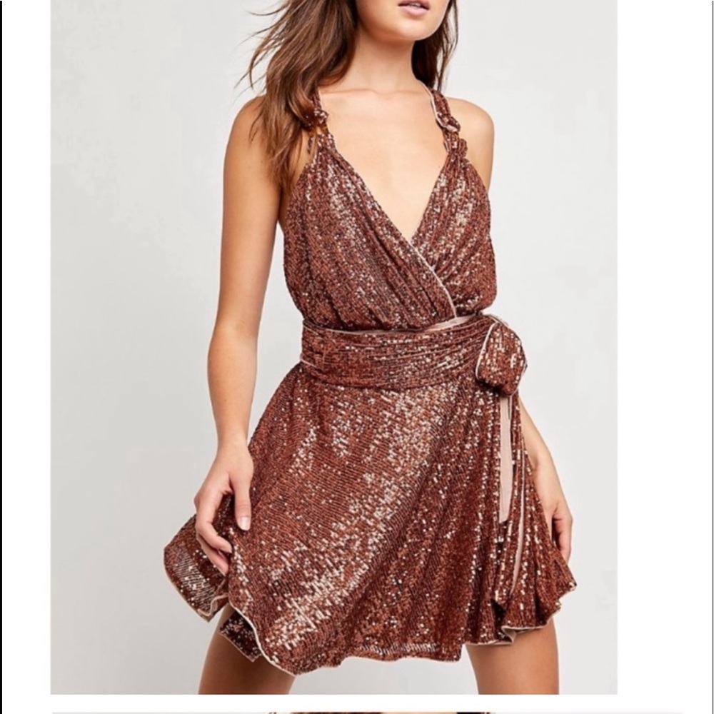 Free People Zuri Bodysuit/Skirt Set- Bronze Sequins Size XS